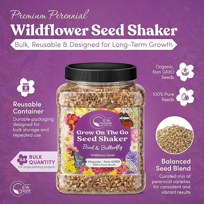 Bulk Wildflower Seed - Bird & Butterfly Garden Seed Mix | Bulk 300,000+ Annual & Perennial Flower Seeds for Planting - Attracts Hummingbirds & Butterfly | No Messy Bags or Packets | Bulk 1 Pound Jar
