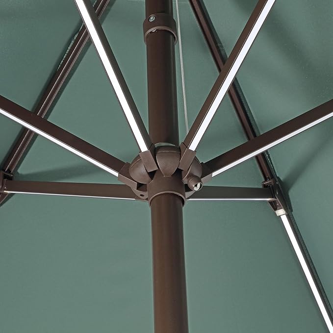 JONATHAN Y Spencer 9 ft. Solar Powered LED Patio Umbrella with Crank and Tilt, Hexagon Outdoor Market Sunshade for Garden, Deck and Pool, Green/White, Dark Brown Pole UMB1100E