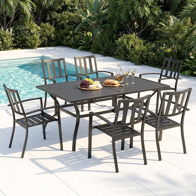 MFSTUDIO 7 PCS Patio Dining Set, Metal Table w/Umbrella Hole&Metal Chairs | 7 Piece Metal Patio Furniture Set for Deck Backyard Poolside Garden