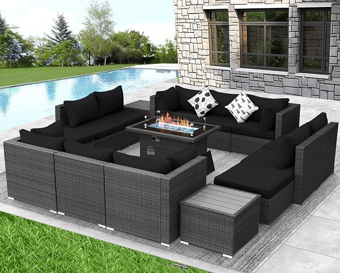 NICESOUL 15 Piece Outdoor Sectional with Fire Pit Table, Modern Luxury Patio Deep Seating w/Firepit, 29.3'' High-Back Wicker Couch Thick, Big High-Weight Capacity Sofa for Terrace, Yard, Gray & Black