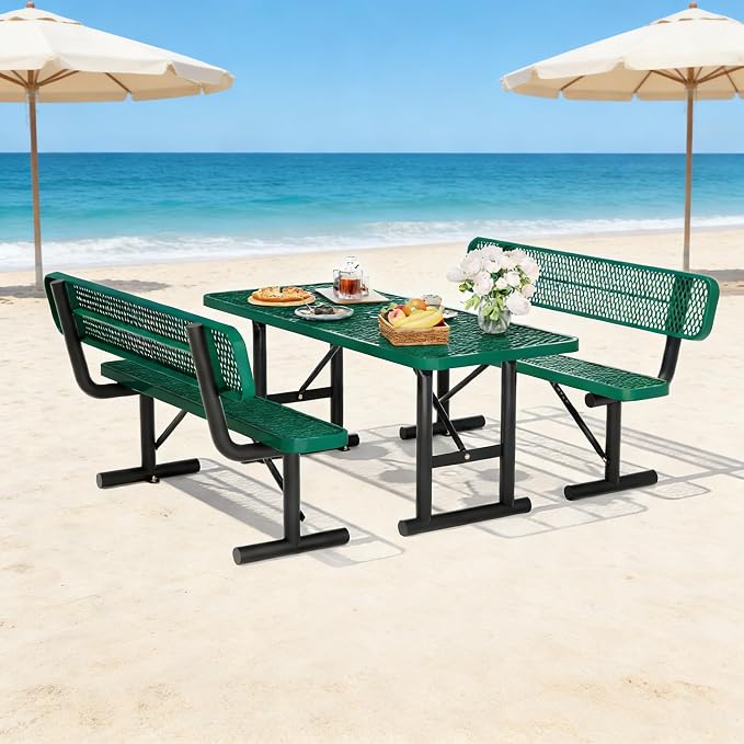 6FT Outdoor Metal Picnic Table with 2 Benches,Heavy Duty Rectangular Picnic Table Set for Outside, Waterproof Commercial Restaurant Table Furniture for Park, Campfield, Patio, Garden, Yard