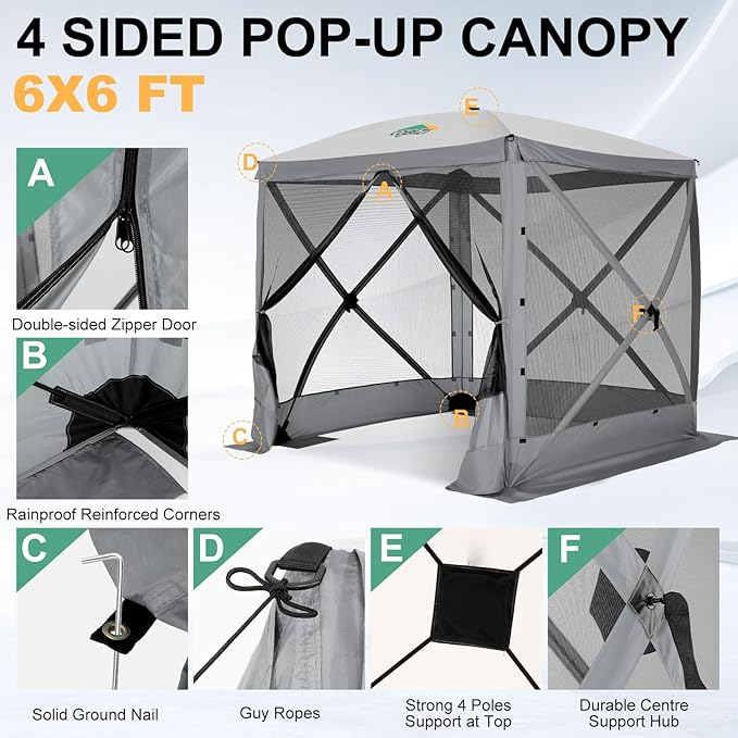 COBIZI 6x6 FT Pop up Gazebo, Popup Canopy Tent, Screened in Gazebos, Waterproof Portable Outdoor Small Screen Tents Sun Shelter,carpas para Patio for Camping, Garden and Backyard,Grey