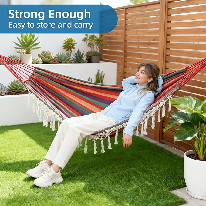 Posprica Brazilian Style Double Hammock with Fringe, 2 Person Patio Hammock for Backyard & Indoor Relaxation, Soft Breathable Fabric, Easy Setup with Straps & Carry Bag, 360 lbs Capacity