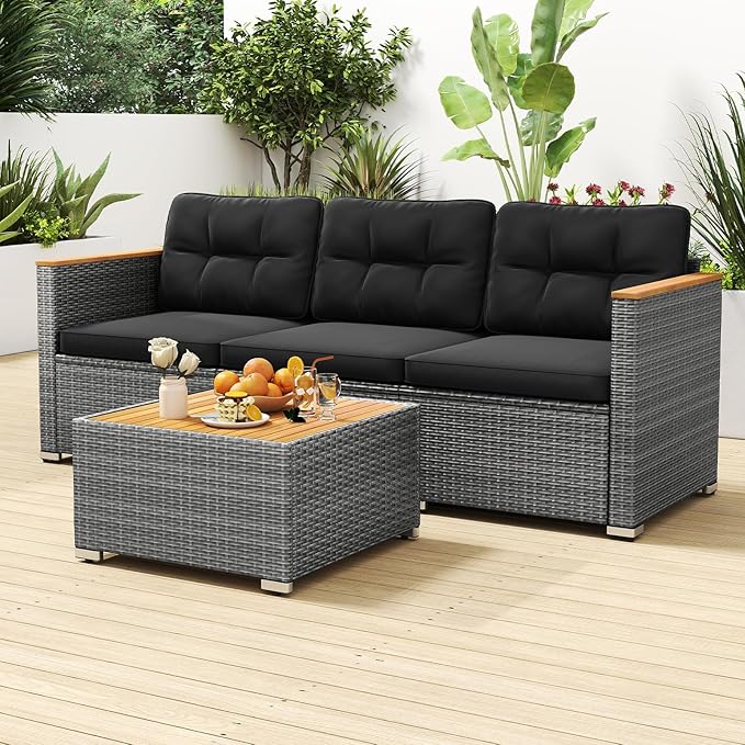 Tangkula 3-Seat Patio Wicker Couch Sofa, Outdoor 3 Seater Rattan Furniture Set with Acacia Wood Armrests & Thick Cushion, Outside Sectional Sofa Couch for Porch, Deck, Garden and Backyard, Black