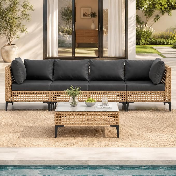 5-Piece Outdoor Wicker Patio Sectional Furniture Set, Grey | 4-Seat, PE rattan, All weather performance, Patio onversation set, for Backyard Porch Poolside Deck