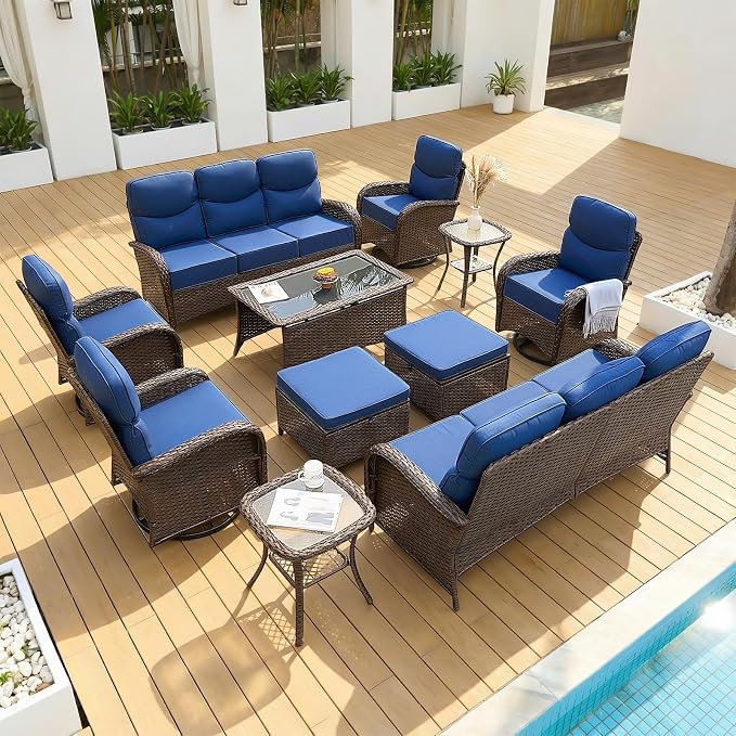 Patio Furniture Set with Luxury 6" Cushions, 11 Pieces Swivel Rocking High Back Patio Chairs, Couch and Ottoman, Outdoor Wicker Conversation Set for Deck, Porch, Backyard, Poolside, Blue