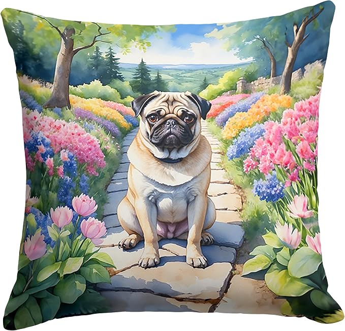 Caroline's Treasures Pug Spring Path Throw Pillow Machine Washable, Indoor Outdoor Decorative Pillow for Couch, Bed or Patio, 18Hx18W