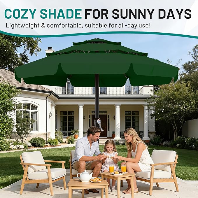 AreShark 12FT 3-Tiers Patio Umbrella with Valance, Outdoor with Crank, Large Outdoor Market Umbrellas Vented with 8 Sturdy Ribs, Patio Table Umbrellas for Garden, Deck, Backyard, Pool, Dark Green