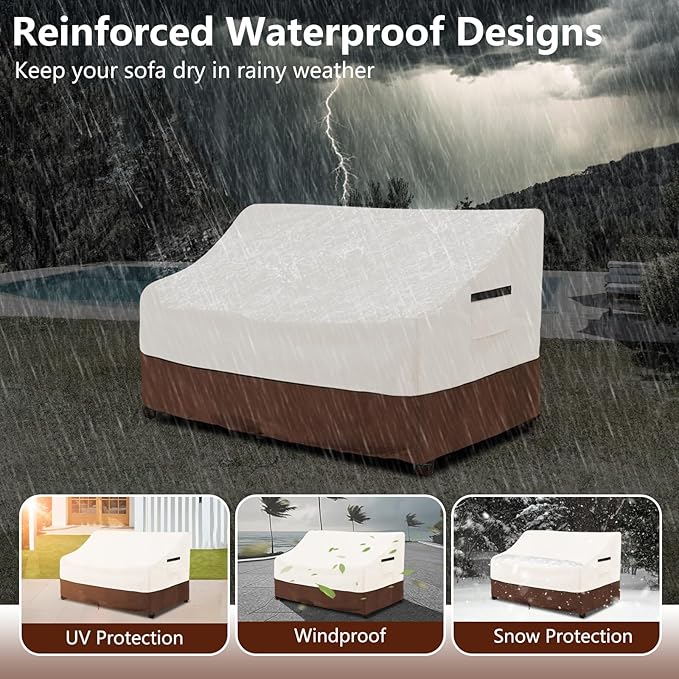 Patio Sofa Covers,100% Waterproof 2-Seater Outdoor Loveseat/Bench Cover,Patio Furniture Covers,58" Wx 32" Dx 32" H,Beige&Brown