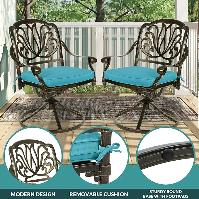 MEETWARM 9-Piece Outdoor Patio Dining Set for 8, All Weather Cast Aluminum Patio Funiture Table and Chairs Set- Large 64" Square Table, 8 Cushioned Swivel Rocker Chairs, 2.2" Umbrella Hole, Ocean Blue