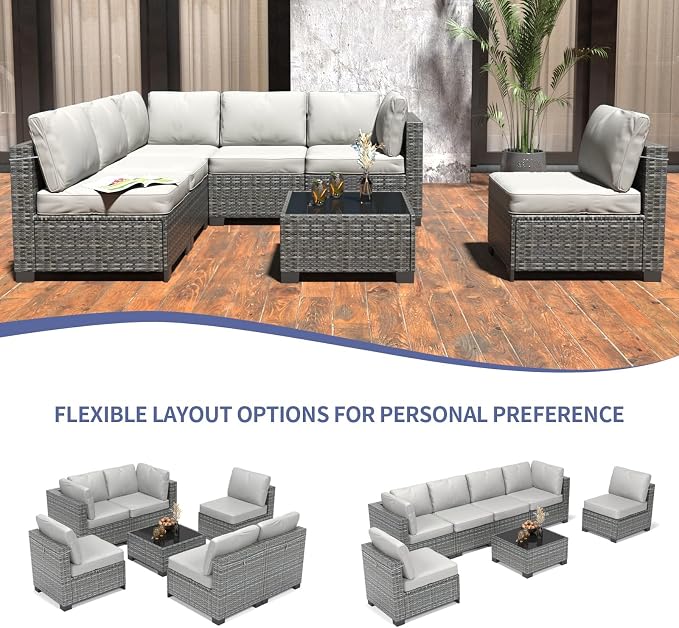 GAOMON 7-Piece Outdoor Patio Furniture Set, All-Weather Wicker Sectional Sofa with Thick Cushions and Glass Top Coffee Table, Modular Conversation Set for Garden, Balcony, Porch, Poolside
