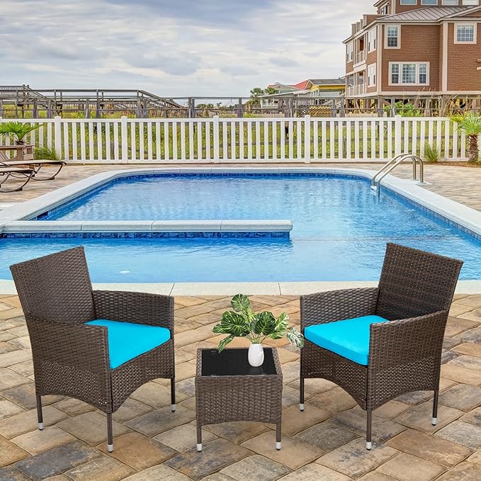Outdoor Patio Furniture Set，3 Pieces Wicker Bistro Set Outdoor Patio Set Rattan Chair Conversation Sets Patio Sofa Wicker Table Set for Yard Backyard Lawn Porch Poolside Balcony,Blue Cushion