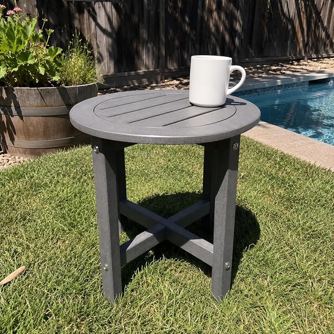 GDFStudio HDPE Outdoor Side Table, Small Patio End Table, All-Weather Round Accent Table for Porch Balcony Deck Poolside, Gray