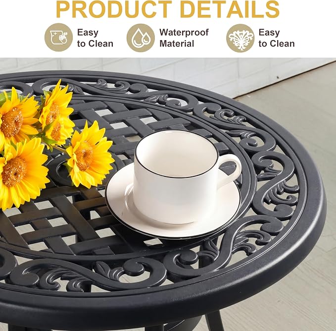 Cast Aluminum Outdoor Side Table, All Weather Metal End Table, Black Small Patio Table for Porch, Garden, Balcony, Black (24" Round Side Table)