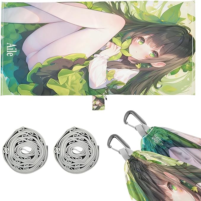 Anime Girl Green Art Print Outdoor Hammock with Tree Straps Cloth Hammock for Indoor Outdoor Patio