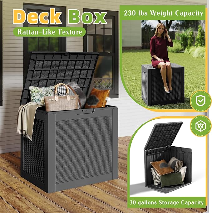 35 Gallon Outdoor Deck Storage Box, All Weather Wicker Look Lockable Storage Bin for Poolside, Backyard & Patio Outdoor Use (Black,35GAL-1)