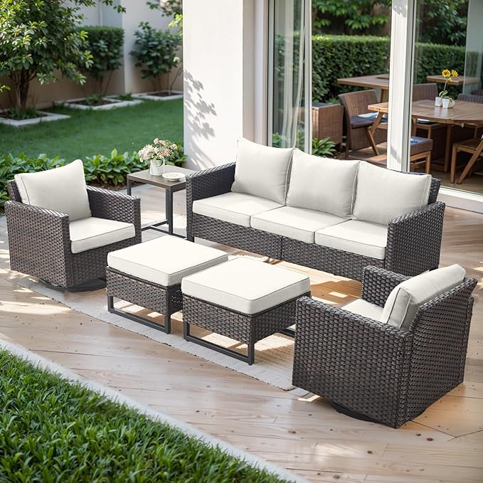 Rilyson Wicker Outdoor Patio Furniture Set - 6 Piece Patio Conversation Set with 2 Swivel Rocker Chairs,2 Rattan Ottoman,1 Couch and 1 Metal Side Table for Outside Porch Deck Backyard(Brown/Beige)