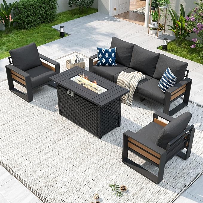 Aoxun Aluminum Patio Furniture Set with Fire Pit Table, 5 Seats Luxury Outdoor Sectional with 6" Olefin Fabric Cushions, Patio Conversation Sets with Outdoor Sofas for Backyard, Deck Dark Grey