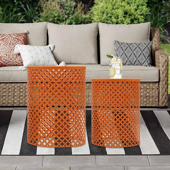 Metal Frame Accent Table,Cylindrical Outdoor Side Table,Decorative Garden Stool,Set of 2 Nesting Side Table,Modern Decorative Garden Stool for Patio Balconies Cafes Parks (2, Orange)