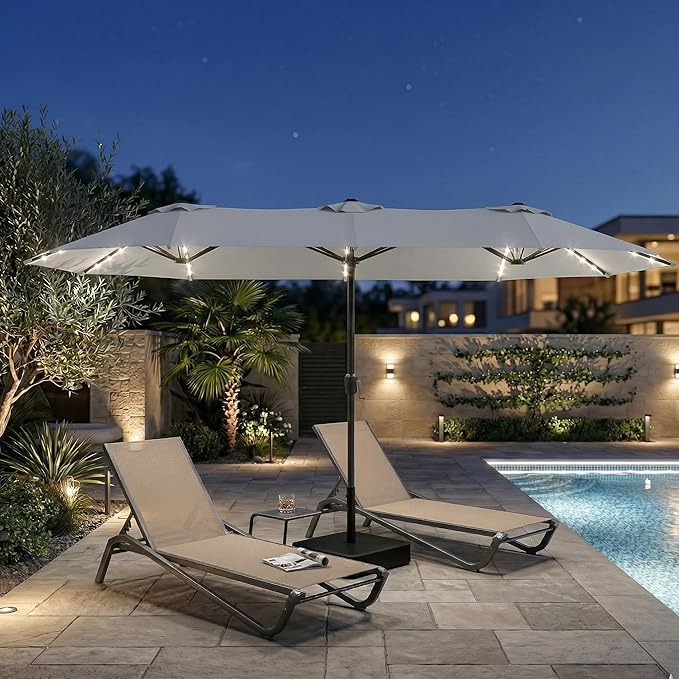 15FT Large Outdoor Patio Umbrella with Solar Lights and Base, Double-Sided Table Umbrellas with 48 LED Lights, Rectangle Market Umbrella for Pool, Deck, Backyard