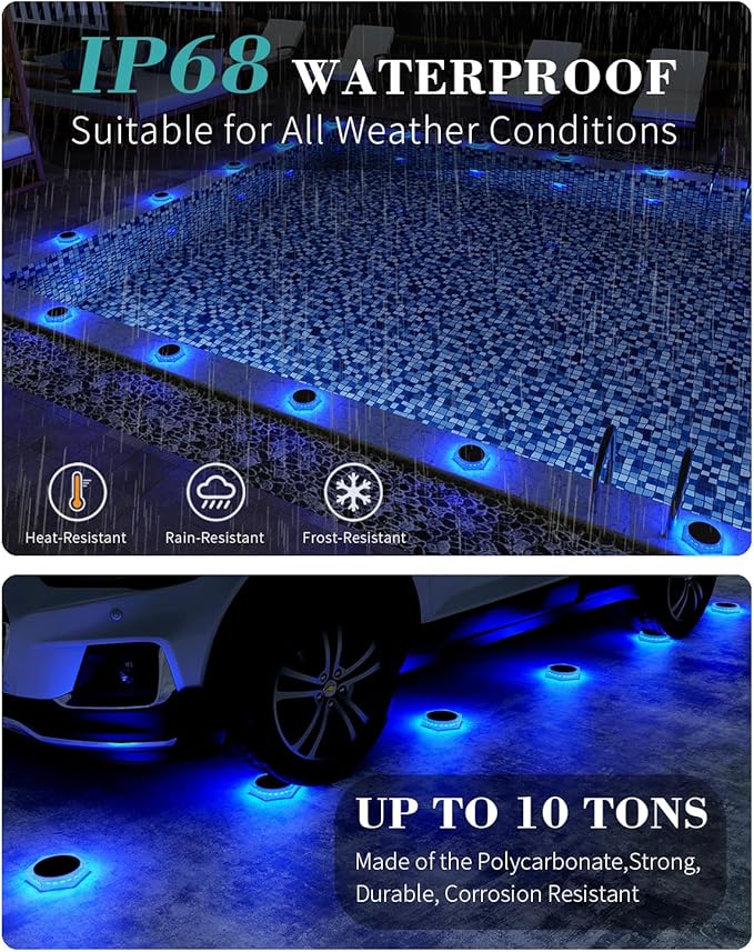 DetarZinLED 6 Packs Solar Driveway Lights Outdoor IP68 Waterproof, Blue Deck Step Lights Solar Powered, Solar Stair Light Stick on LED Light for Dock, Garage, Pool, Fence, Garden Pathway