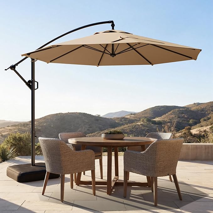 HOMSHADE 10ft Patio Umbrella with Base Included, 8-Year-Non-Fading Cantilever Umbrella with Solution-Dyed Acrylic Fabric, UPF50+ UV Protection with Easy Tilt and Crank for Pool Deck and Garden(Buff)