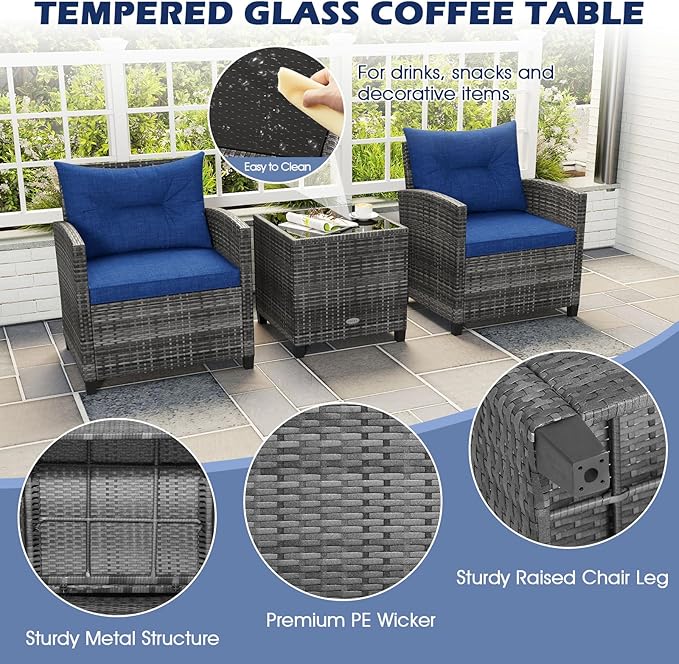 ORALNER 3 Pieces Patio Furniture Set, Outdoor Wicker Conversation Set, Rattan Chairs with Soft Cushions, Glass Coffee Table, Patio Bistro Set for Balcony Garden Deck Front Porch Poolside (Navy Blue)