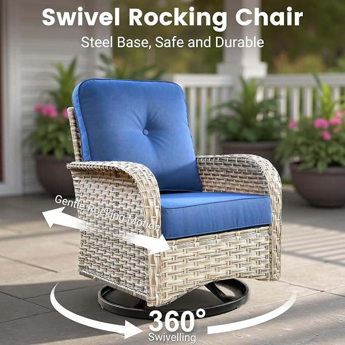 Outdoor Sectional Patio Furniture Set with Fire Pit Table,11 Pieces Rattan Wicker Conversation Sets L Shaped Couch,Out Door Furniture with Swivel Chairs Glowing Coffee Table,Navy Blue