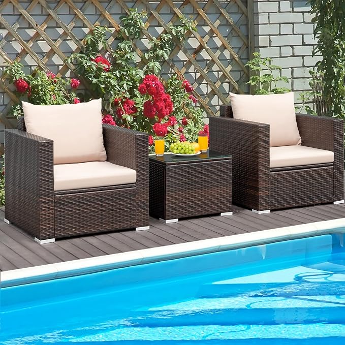 COSTWAY 3-Piece Patio Furniture Set, Outdoor Wicker Rattan Sofa with Cushions and Coffee Table with Tempered Glass, Modern Conversation Chair Set for Poolside Backyard Balcony Lawn (Beige)