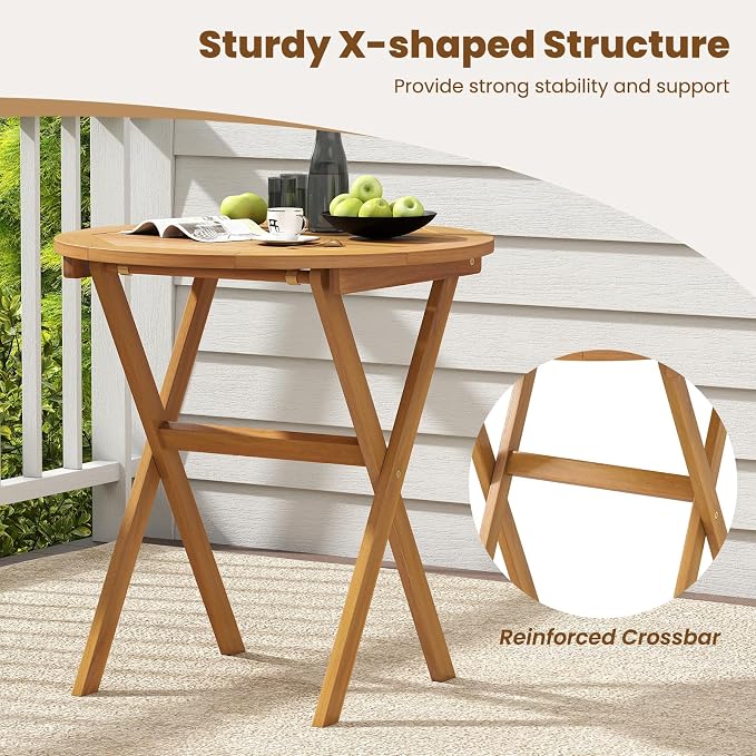 HAPPYGRILL Folding Acacia Wood Patio Table, Round Outdoor Bistro Table 26”, Outside Wooden Coffee Side Table for Porch Balcony Garden and Backyard (2)