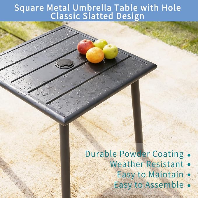 Small Metal Outdoor Side Table with Umbrella Hole, Sqaure Patio Coffee Bistro Table End Table, Umbrella Table with Hole for Poolside Backyard Porch Deck Balcony,19.7x19.7 inches, Gray