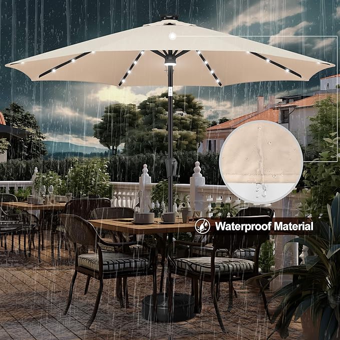 FLAME&SHADE 11 FT Solar Light Patio Umbrella, 40 LED lights outdoor umbrella with Centre Surround Light, Table Market Umbrella for Deck, Pool, Porch, Backyard, Garden, UV Protection, Beige