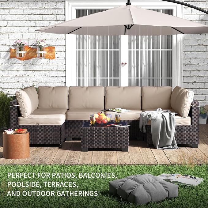 7 Piece Patio Furniture Set, Outdoor Modular Wicker Sectional Couch with Tempered Glass Coffee Table, All-Weather Rattan Conversation Set with Washable Cushions for Backyard, Garden, Deck