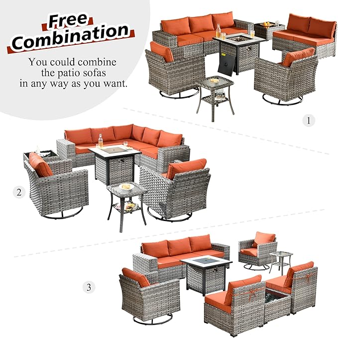 HOOOWOOO Outdoor Patio Sectional Furniture Sofa Set with Fire Pit Table,10 Piece Modern Wicker Couch with Swivel Chairs,Modular Conversation Seating Set with Widened Armrest for Garden(Orange Red)