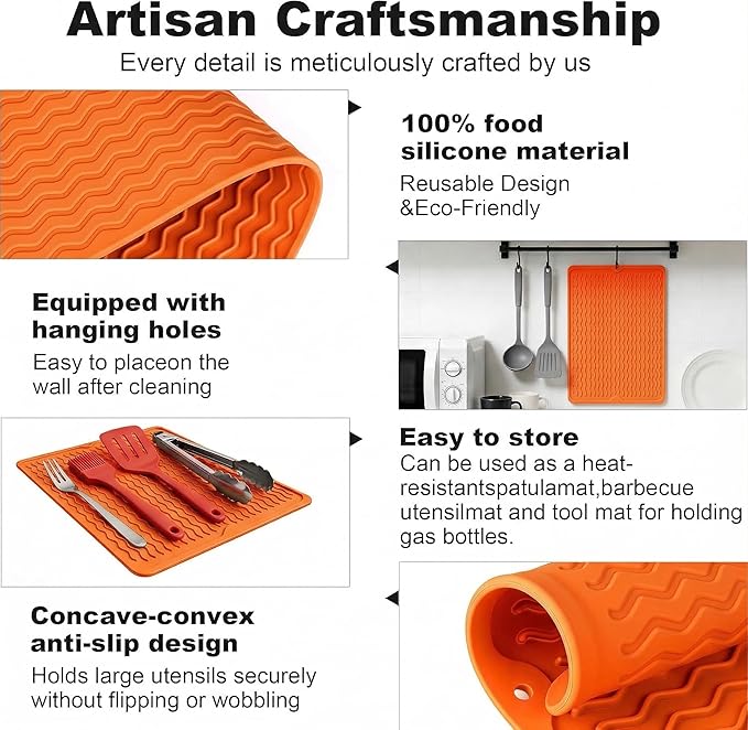 Silicone Grill Tools Mat for Blackstone Weber Traeger Pit Boss Flat Top Grill Smoker,BBQ Accessories Pad Mats for Outdoor Kitchen Counter Cooking, Side Shelf Spatula Mat,Gifts for Men (Orange)