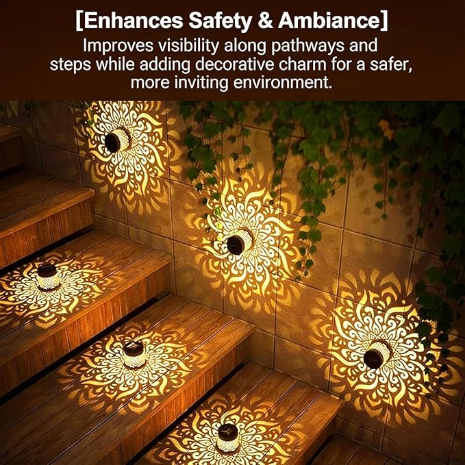 Solar Outdoor Fence Lights Decoration 2 Pack, Solar Wall Step Deck Lights Outdoor Garden Decor with Mandala Theme for Yard Art Porch Patio Backyard