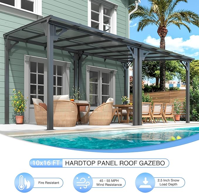 AirWire 10x16 FT Gazebo, Pergola Awnings for Patio with Hardtop Gazebos on Clearance, Patio Covers for Shade and Rain, Lean to Gazebo Sunroom Patio Canopy Outdoor Pergolas for Patios, Decks, Backyard