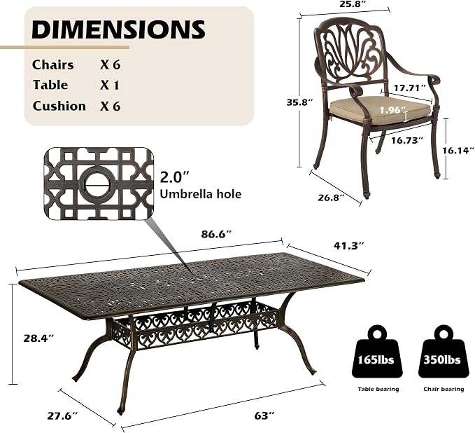 MAGIC UNION 9 Pieces Outdoor Dining Set, Cast Aluminum Retro Patio Dining Set Includes 87" Rectangular Dining Table with Umbrella Hole and 8 Stackable Dining Chairs with Cushions (Khaki)