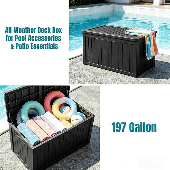 MAKINO 197 Gallon Large Resin Outdoor Storage Box, Waterproof Deck Box, Lockable Deck Container with Reinforced Support, Outdoor Chest for Patio Accessories, Outdoor Cushions, Garden Tools, Black