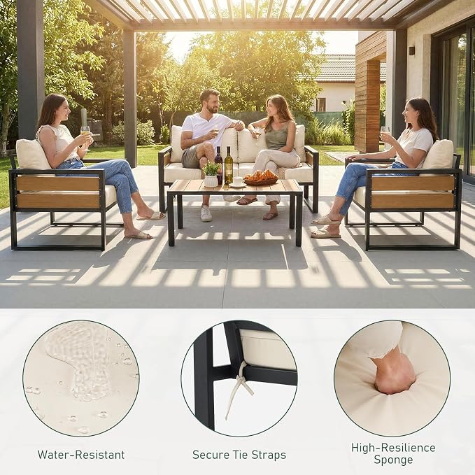 Furnimart Patio Furniture Set, 4-Piece Metal Outdoor Sectional, 4-Seat Patio Conversation Set with Deep Seating, Thick Cushions & Coffee Table for Backyard, Porch & Deck, Beige