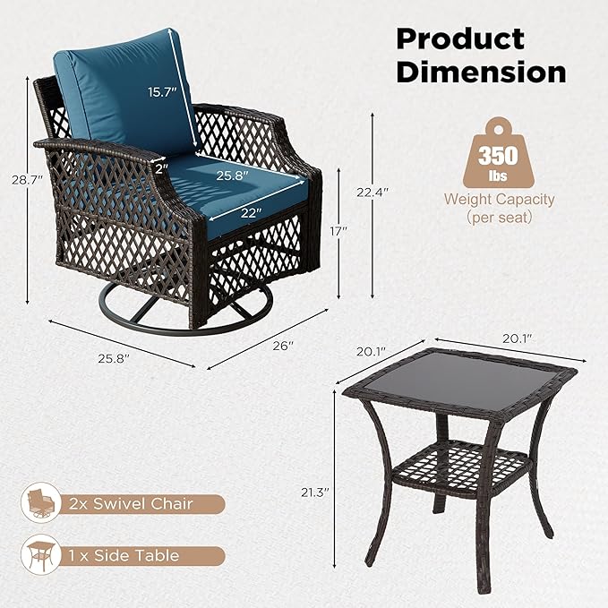 HOMREST 3 Piece Outdoor Swivel Chair Set, Wicker Patio Bistro Set with Thickened 25D Cushions and Glass Coffee Table, Patio Furniture Conversation Set for Deck, Yard, Garden, Poolside(Turquoise)