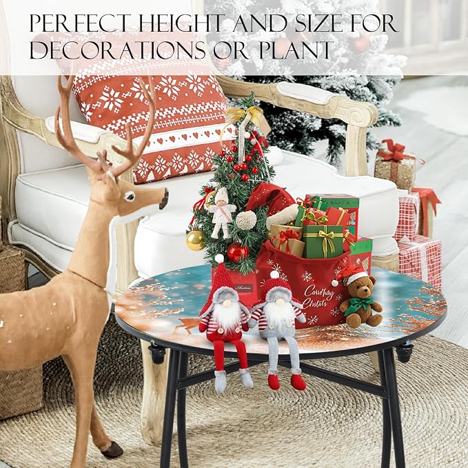 21 Inch Tall Metal Side Table, Unique Christmas Tabletop with Metal Frame, Round End Bedside Table Accent Table for Bedroom Patio Yard Porch Balcony Garden