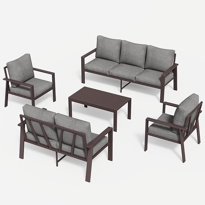 Aluminum Patio Conversation Set 5-Piece All-Weather Outdoor Sectional Sofa with 4" Cushions, Modular Patio Set for Porch Poolside Deck Yard