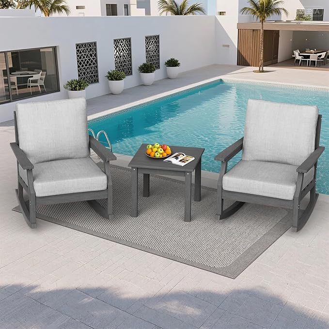 HDPE Patio Conversation Set, 3-Piece All Weather Outdoor Furniture Set with 2 Rocking Sofas for Deck, Lawn, with Cushion, Gray