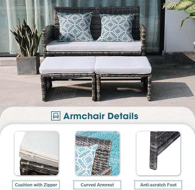 OC Orange-Casual Patio Furniture Wicker Conversation Set Pillows Included, Outdoor Loveseat Chairs with Ottomans, White Cushions w/Taupe Cushion Cover, Gray Wicker 6 Pieces
