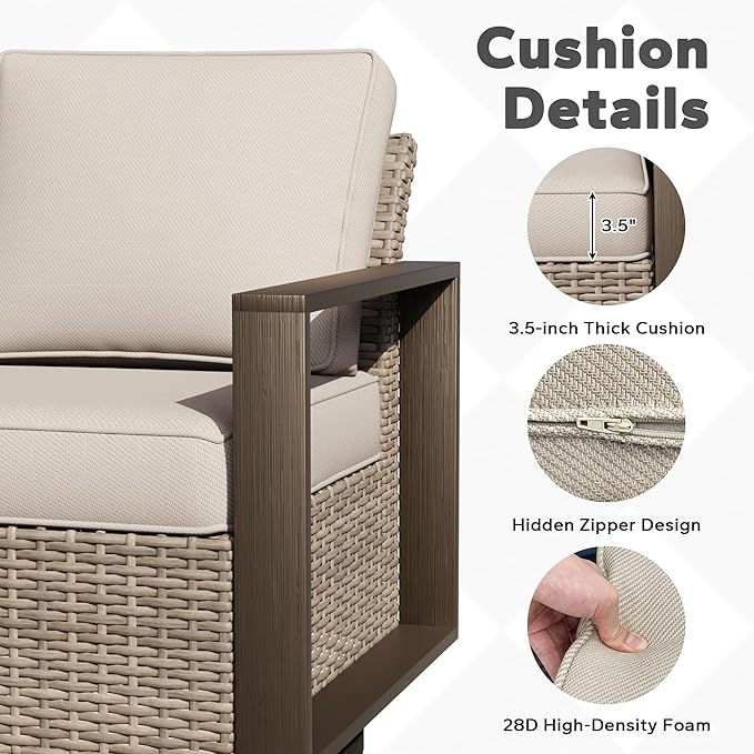 Outdoor Patio Swivel Rocker Chairs, 5 Pieces Wicker Furniture Set, 2 Swivel Rocking Chairs, 1 Sofa and 2 Ottoman, Metal Wide Armrest, Thick Cushions and Deep Seating for Garden, Backyard, Porch, Deck