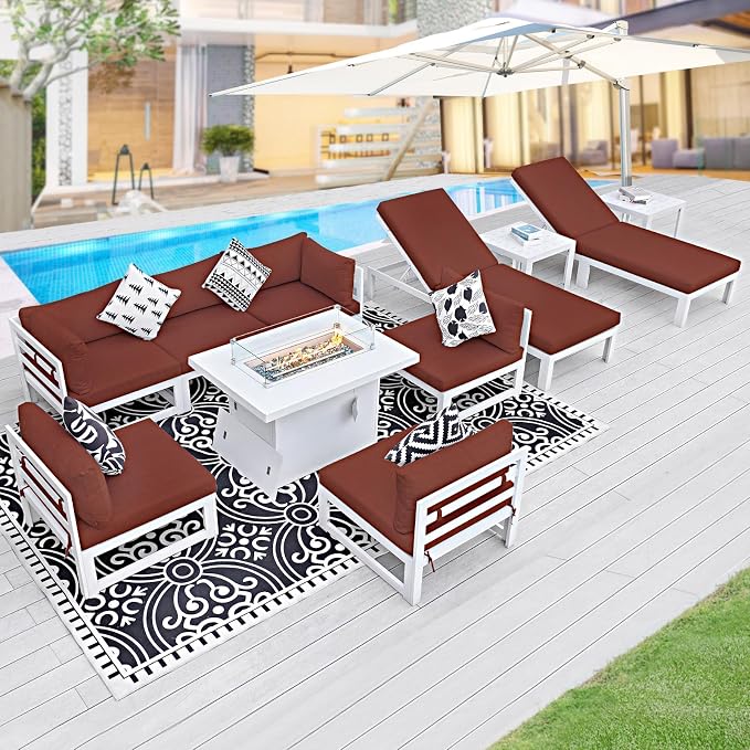 BULEXYARD 8 Person Modern Aluminum Outdoor Patio Furniture Set with Chaise & Firepit Table, 29 inch Wide Deep Seat, All Weather Modular Sectional Couch, Oversized Conversation Set for Garden Deck, Red