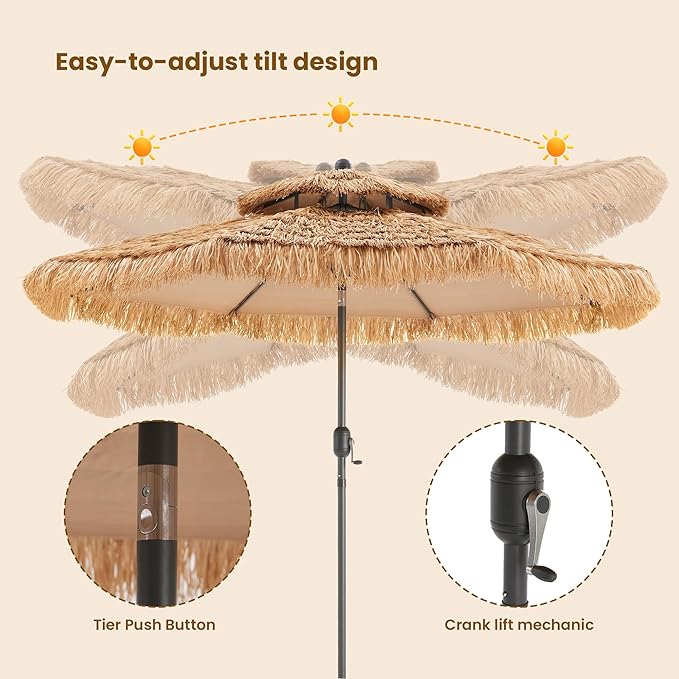 COSIEST 10FT Tiki Umbrella Outdoor Patio Hawaiian Thatched Shade With 8 Ribs Tilt Adjustment for Garden Pool Backyard Beach
