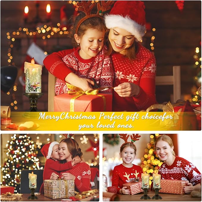 AOMIL Christmas Flameless Candles, Flickering LED Candles with Timer, Snow Globe Candle Lights for Christmas Decorations