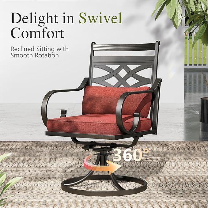 Sophia and William Swivel Patio Dining Set for 6, Outdoor Table and Chairs, Removable Seat Cushions, 60" Black Patio Dining Table,Red
